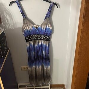 Studio West Blue and Gray Ombre Sleeveless Midi Dress with Embellished Waist